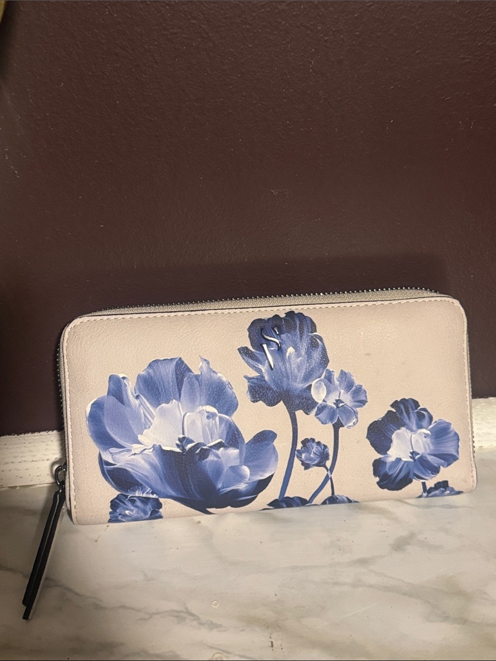 Beige Zip-Around Wallet with Blue Floral Print